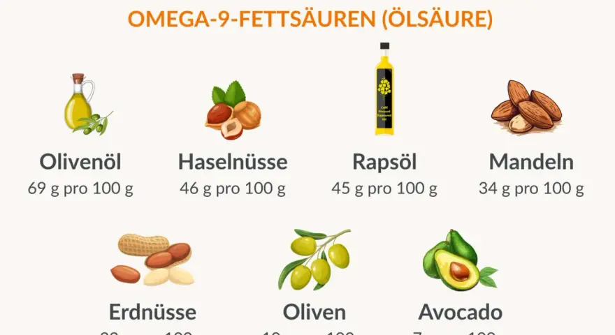 Gute Quellen für gesunde Fette: Olivenöl, Haselnüsse, Rapsöl, Mandeln, Erdnüsse, Oliven und Avocado.