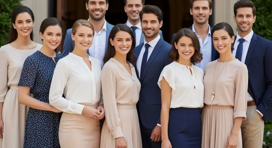 Elegancka grupa ludzi, która może posłużyć jako inspiracja, jak ubrać się do kościoła.