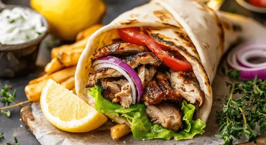 En saftig gyros med grillad kyckling, grönsaker och pommes frites. Perfekt för ett snabbt och gott gyros recept.