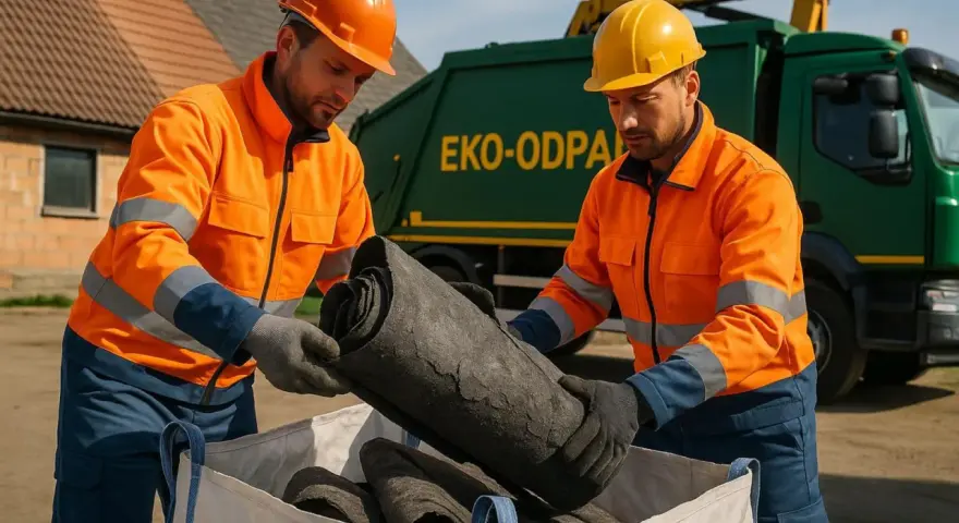 Dwóch pracowników w pomarańczowych kurtkach i kaskach wyjmuje z worka zrolowane materiały. Obok stoi zielona śmieciarka z napisem "EKO-ODPADY". To pszok papa, który trafi do recyklingu.