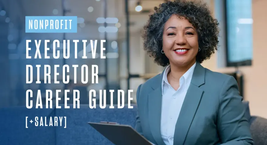 Smiling woman in a suit, with text "Nonprofit Executive Director Career Guide [+Salary]".
