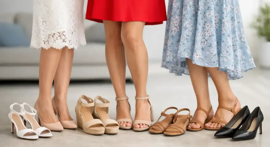 ¿Qué zapatos usar con vestido corto? Tres mujeres muestran opciones: sandalias blancas, cuñas beige, sandalias de tiras y tacones negros.