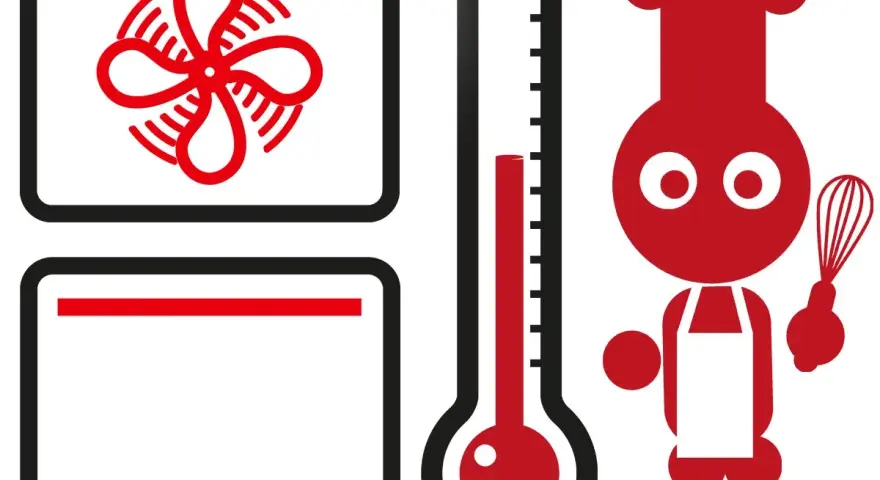 Ofen-Symbole: Lüfter für Umluft, Heizstäbe für Ober-/Unterhitze, Thermometer zeigt 250 Grad. Kochfigur mit Schneebesen.