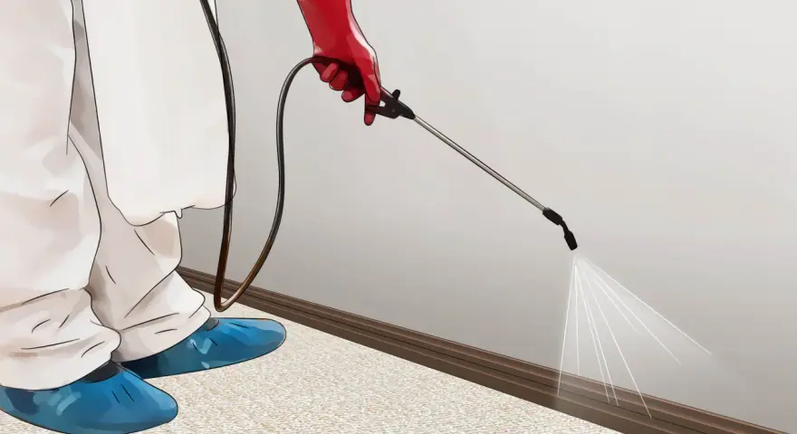 Persona con traje protector y guantes rojos rocía insecticida en la base de una pared para combatir plagas de pulgas.