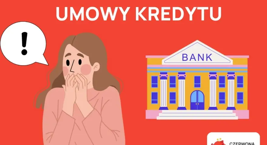 Zaskoczona kobieta i bank. Co dalej, gdy bank wypowie umowę kredytu? Czerwona skarbonka podpowie.
