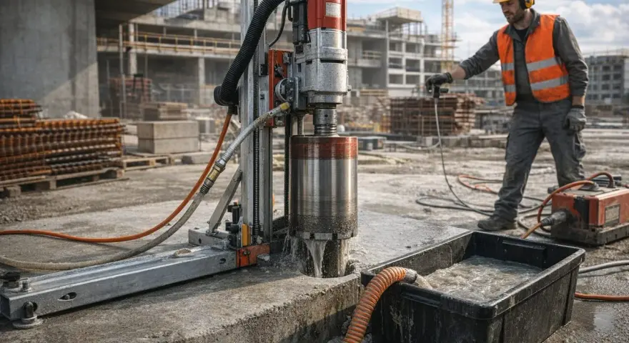 Robot budowlany wykonuje wiercenie dużych otworów w ścianie. Woda chłodzi wiertło i odprowadzana jest do pojemnika.
