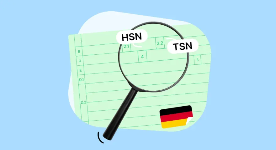 Lupe über Dokument mit HSN und TSN aus Fahrgestellnummer. Deutsche Flagge.