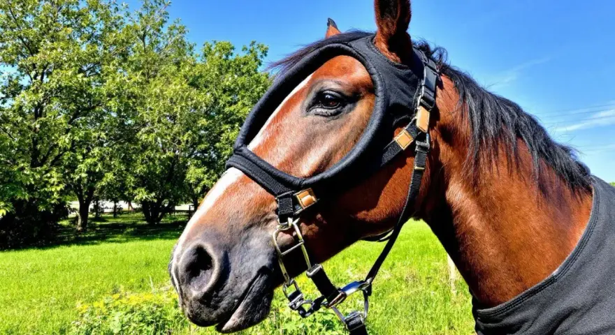 Un cheval brun porte une cagoule anti-mouches, un remède de grand-mère contre les mouches, dans un pré verdoyant sous un ciel bleu.