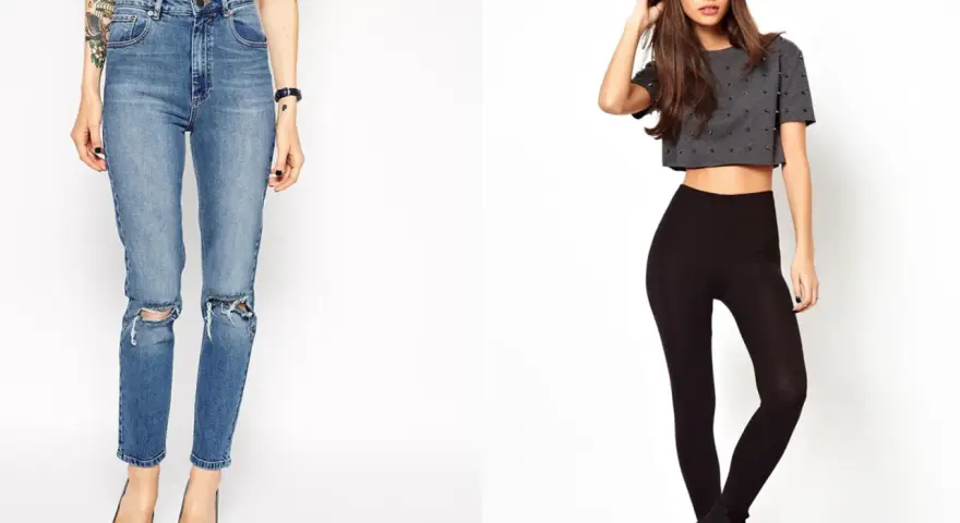 Dos mujeres, una con jeans rotos y la otra con leggings negros y top corto. ¿Qué significa petite? Estilos que realzan la figura.