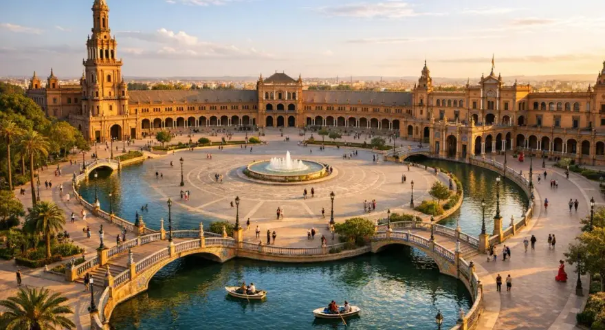 Zachód słońca nad Plaza de España w Sewilli. Ludzie pływają łódkami po kanale, podziwiając architekturę tego pięknego miasta.