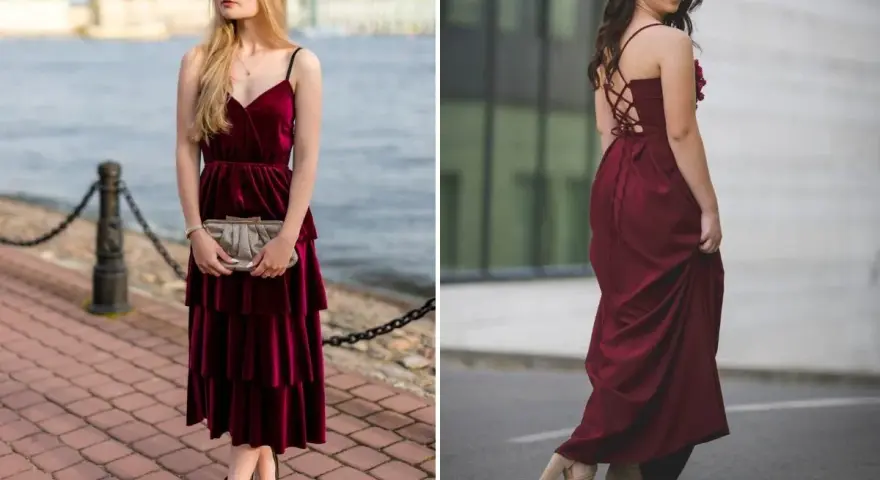 Eleganckie stylizacje: jakie buty do bordowej sukienki? Czarne szpilki i beżowe sandałki na obcasie świetnie uzupełniają aksamitne kreacje.