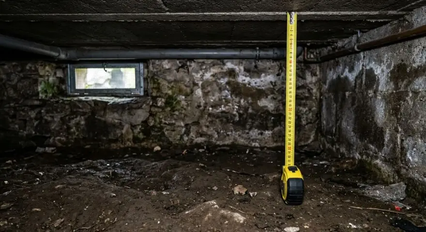Mètre-ruban dans un vide sanitaire sombre, mesurant la hauteur sous le plafond en béton. Murs de pierre humides et sol terreux.