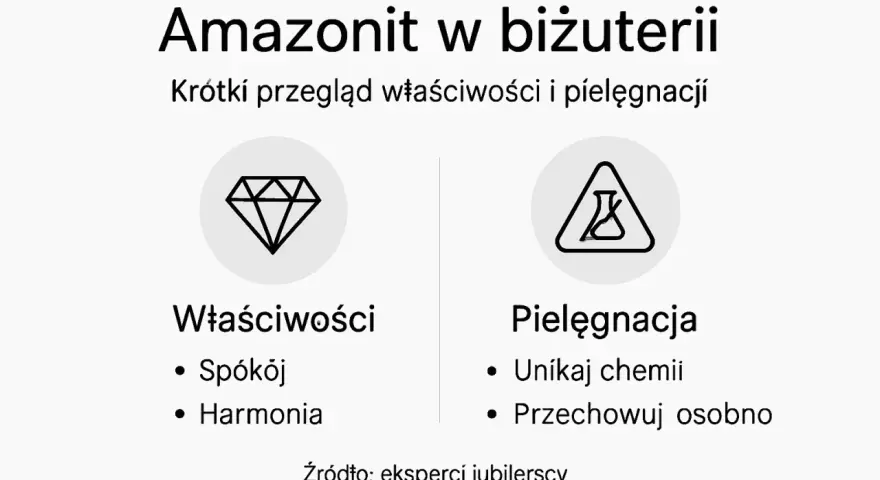 Amazonit w biżuterii: poznaj jego właściwości, takie jak spokój i harmonia. Dowiedz się, jak pielęgnować ten kamień, unikając chemii.
