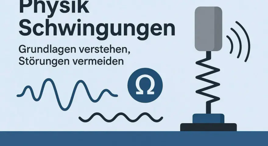 Physik: Schwingungen verstehen. Ein System mit Federkonstante schwingt, Wellenlinien und Omega-Symbol illustrieren das Thema.
