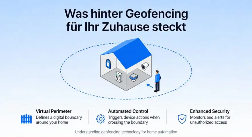 Ein Haus mit virtuellem Zaun erklärt, was ist geofencing: virtuelle Grenzen, automatisierte Steuerung & erhöhte Sicherheit für Ihr Zuhause.