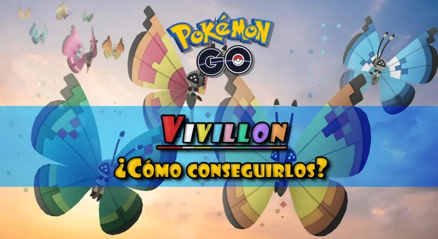 Varios Vivillon de Pokémon GO vuelan en el cielo. El texto dice "VIVILLON ¿CÓMO CONSEGUIRLOS?".