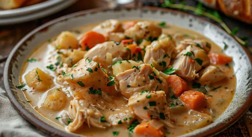 Une assiette de blanquette de dinde crémeuse avec des morceaux de dinde, des carottes et des pommes de terre, garnie de persil frais.