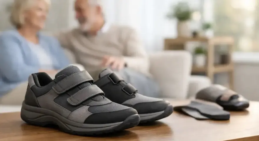Scarpe comode con velcro, ideali per chi soffre di consumo scarpe tallone esterno. Coppia anziana sullo sfondo.