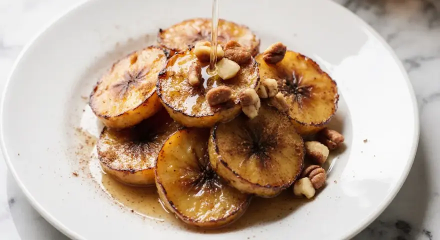 Gebackene Bananenscheiben mit Nüssen und Sirup auf einem Teller.