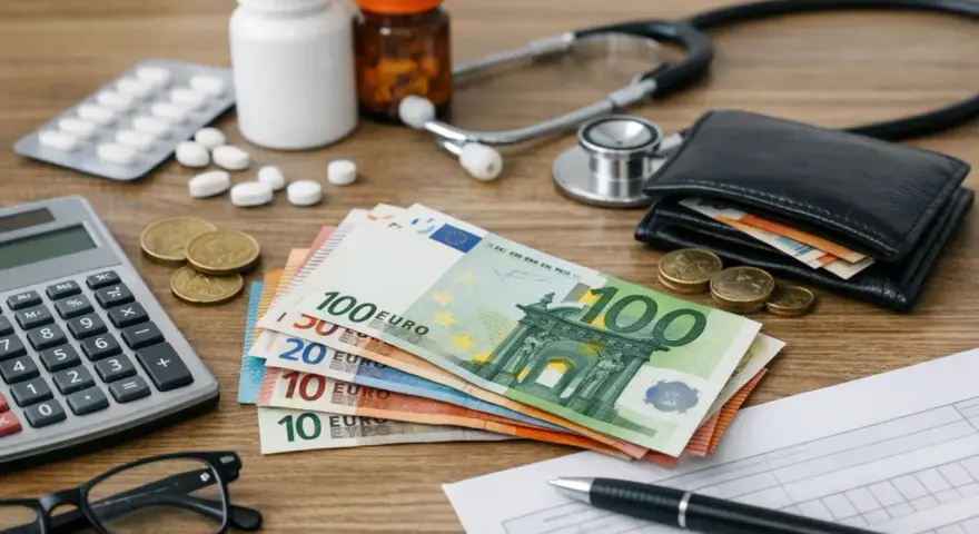 Kalkulator, pieniądze, leki i stetoskop sugerują analizę kosztów związanych ze zmianą ubezpieczenia w Holandii.