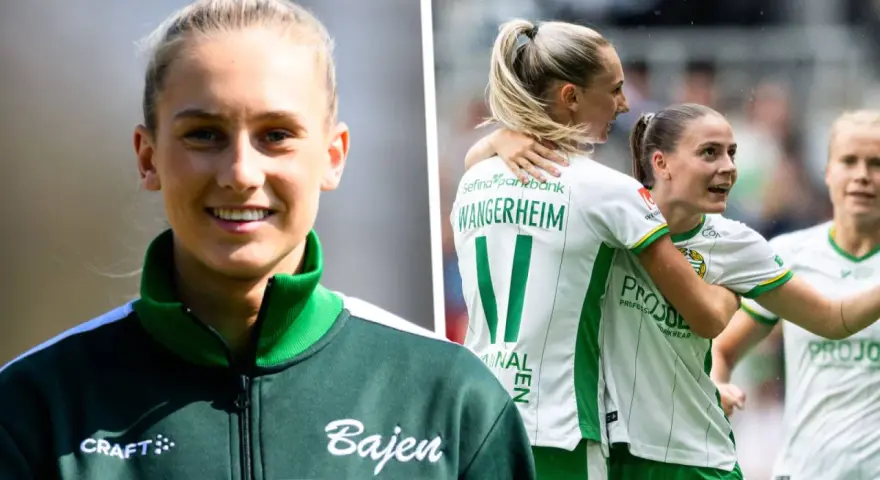 Glad svensk kvinnlig fotbollsspelare i Bajen-tröja, firar med lagkamrater på planen.
