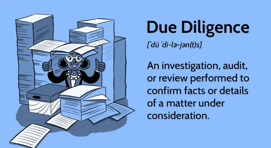 A smiling woman gives two thumbs up amidst stacks of papers, illustrating the due diligence meaning of thorough investigation.