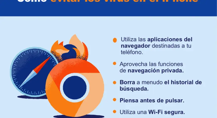 Iconos de navegadores (Safari, Chrome, Firefox) y consejos para evitar virus en iPhone.