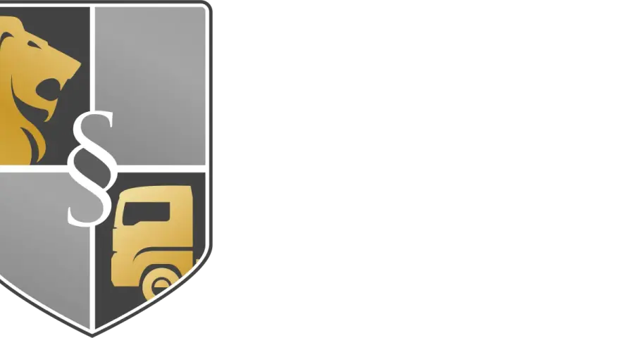 Logo z lwem, paragrafem i ciężarówką. Napis "LEGALTRANS KANCELARIA TRANSPORTOWA".