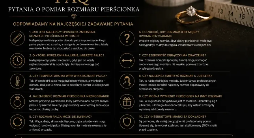 Złoty pierścionek z brylantem i miarką krawiecką. FAQ o najczęstszy rozmiar pierścionka.