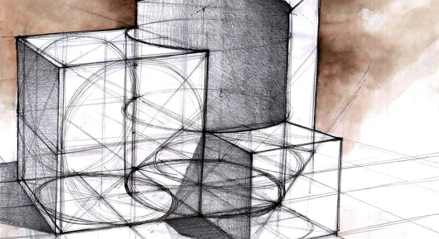Szkic geometrycznych brył, ćwiczenie z perspektywy, idealne do nauki architektury studia online.