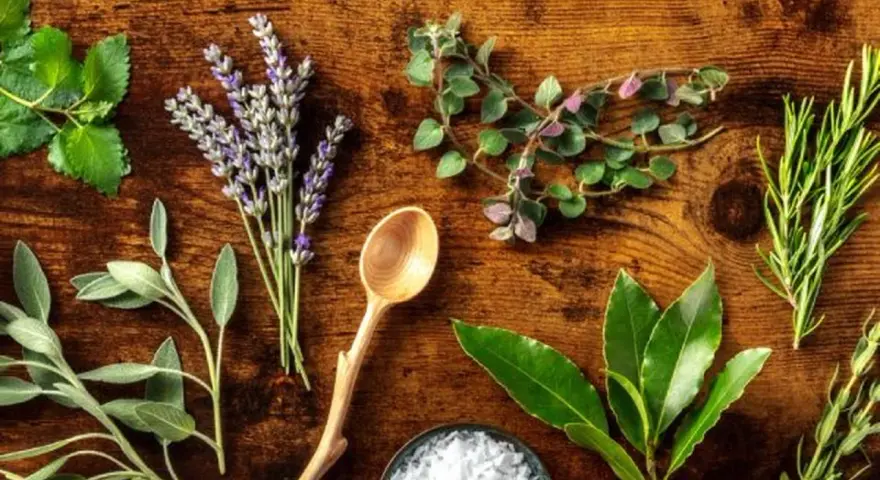 Variedad de hierbas frescas, incluyendo lavanda y romero, dispuestas sobre madera. Explora los usos de las hierbas provenzales en la cocina y aromaterapia.