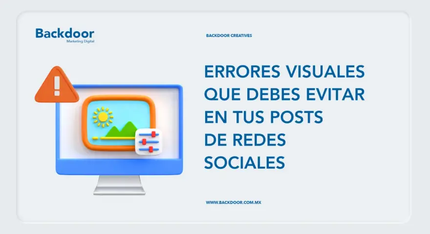 Icono de advertencia y pantalla de ordenador con paisaje, junto a texto sobre errores visuales en posts. Imágenes sin copy right.