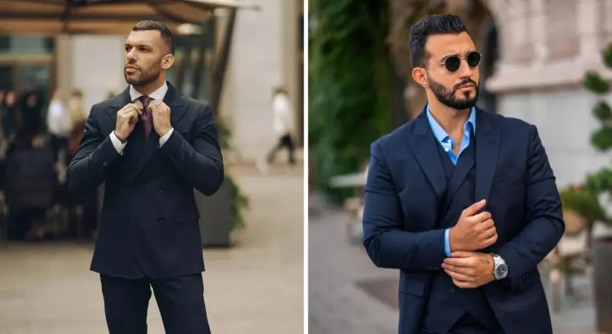 Uomini eleganti in abiti scuri, perfetti per un'occasione di cocktail attire.