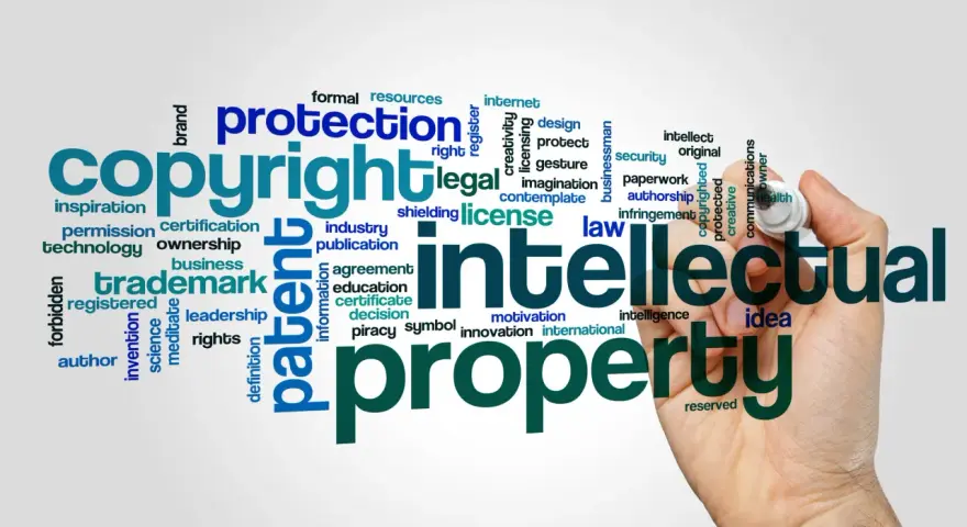 A word cloud illustrates concepts like "copyright," "intellectual property," and "protection," hinting at the complexities of copyright litigation.