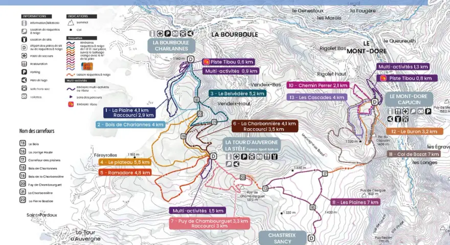 Carte des sentiers de raquettes au Mont Dore. Itinéraires balisés pour explorer la région.