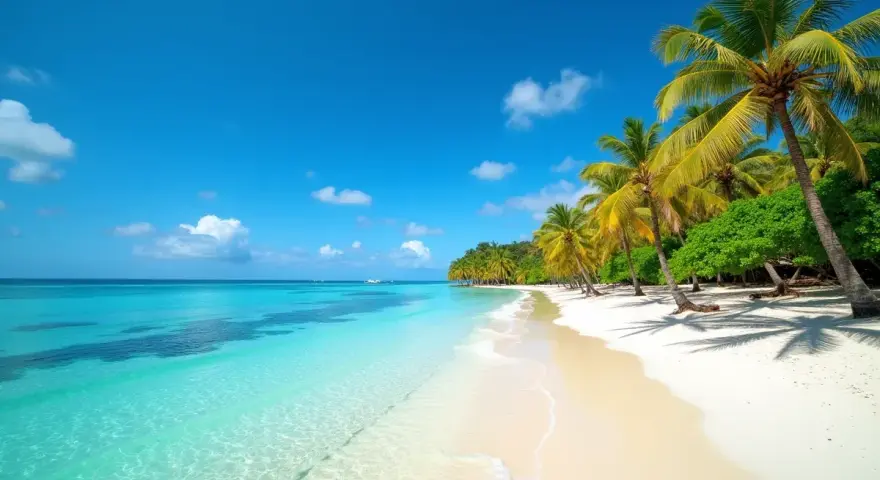 Rajska plaża na Mauritiusie we wrześniu. Błękitne niebo, turkusowa woda i palmy tworzą idealną pogodę na wakacje.