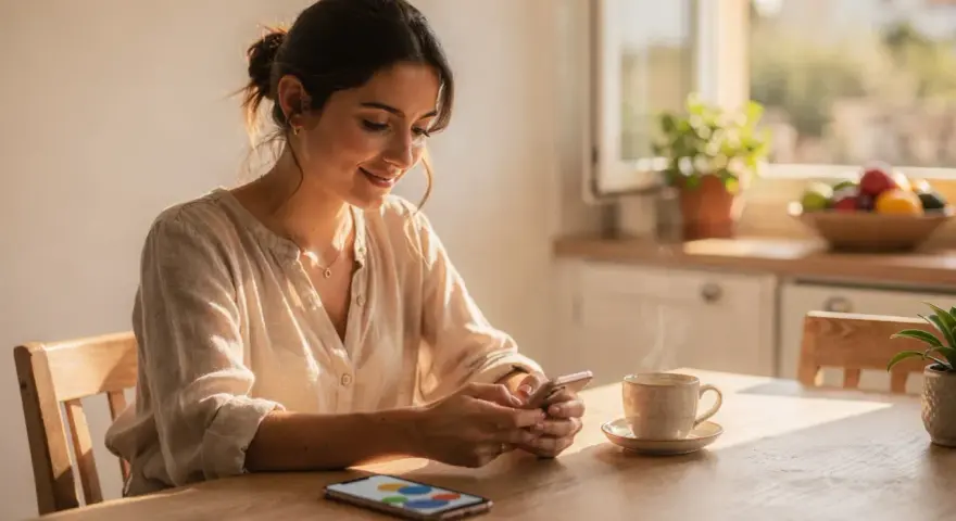 Mujer sonríe usando su móvil, con una taza de café y un gráfico en pantalla. Ideal para un programa para hacer presupuestos gratis.