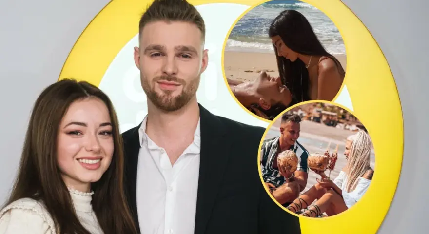 Hotel Paradise 3: Uczestnicy na zdjęciu głównym i w okrągłych wstawkach, pokazujący ich na plaży i z kokosami.