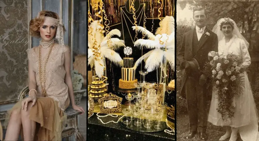 Eleganckie lata 20. stylizacje: kobieta w sukni z pereł, złoty tort i para młoda na ślubnym zdjęciu.