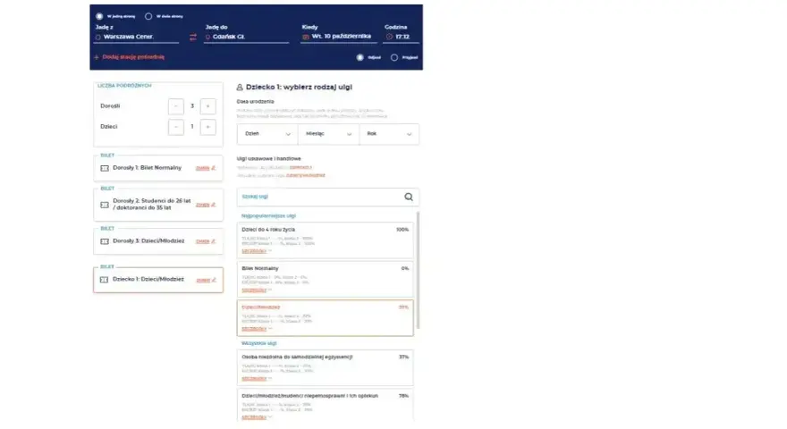 Wybierasz ulgi, by wiedzieć, jak kupić bilet w pociągu. Dostępne opcje to m.in. ulga dla dzieci, młodzieży, studentów i osób niepełnosprawnych.