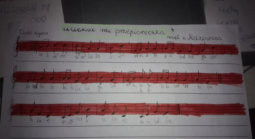 Nuty piosenki "Uciekła mi przepióreczka", melodia z Mazowsza, zapisane ręcznie.