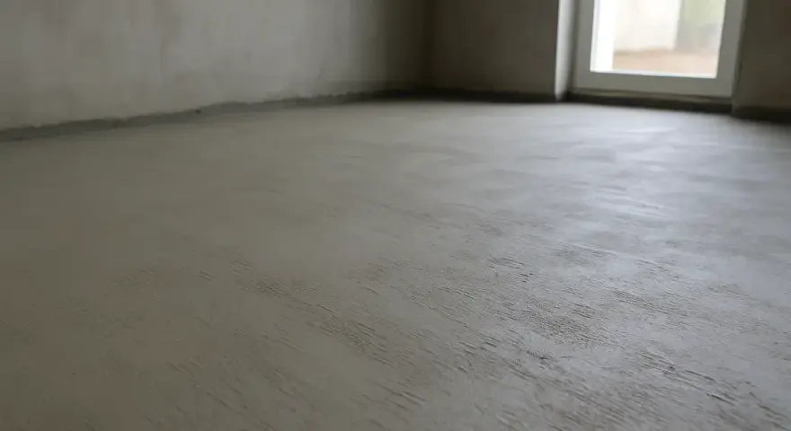 Świeżo wylana posadzka cementowa, gotowa na dalsze prace. Zastanawiasz się, ile cementu na m2?