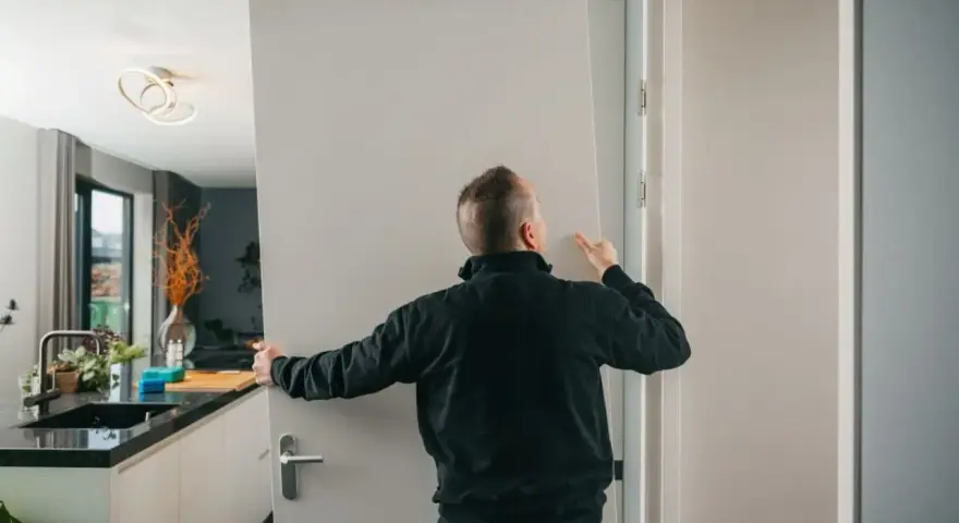 Pracownik montuje drzwi, tworząc wykucie otworu na drzwi w nowoczesnym wnętrzu.