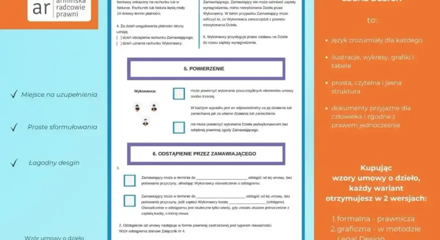 Wzór umowy o dzieło w wersji Legal Design: przejrzyste punkty, miejsce na uzupełnienia i łagodny design.