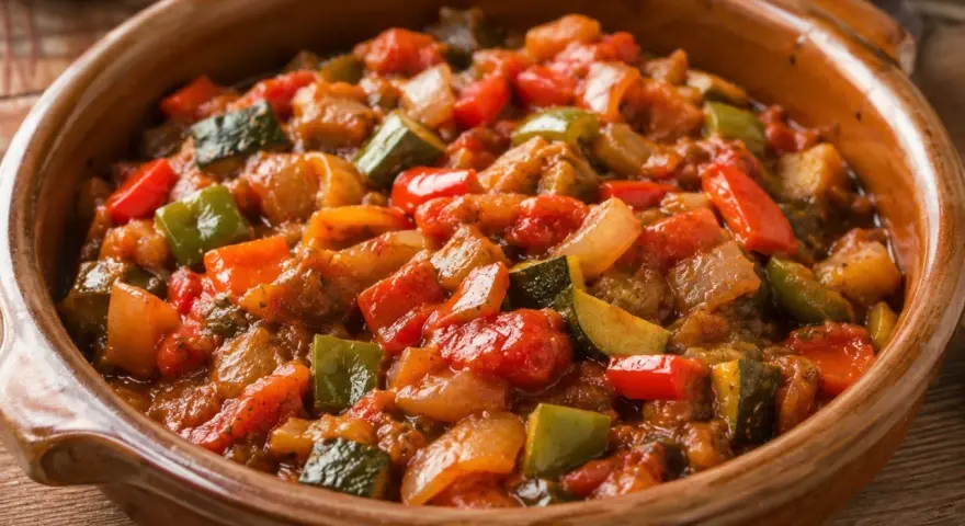 Un delicioso pisto de calabacín, pimientos y tomate en una cazuela de barro. ¡Perfecto para aprender como hacer pisto de calabacín!