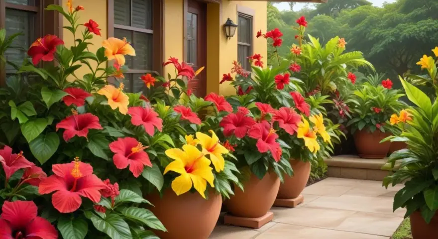 En rad krukor med färgglad hibiskus utomhus i Sverige, som skapar en tropisk känsla vid ett gult hus.