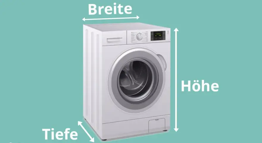 Eine weiße Waschmaschine mit Beschriftungen für Breite, Höhe und Tiefe. Die Frage "wie breit ist eine waschmaschine" wird visuell beantwortet.