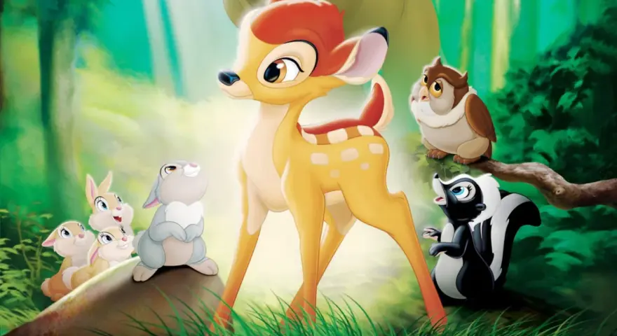 Bambi, urocza bajka z leśnymi przyjaciółmi: sarenką, zajączkami, sową i skunksikiem.
