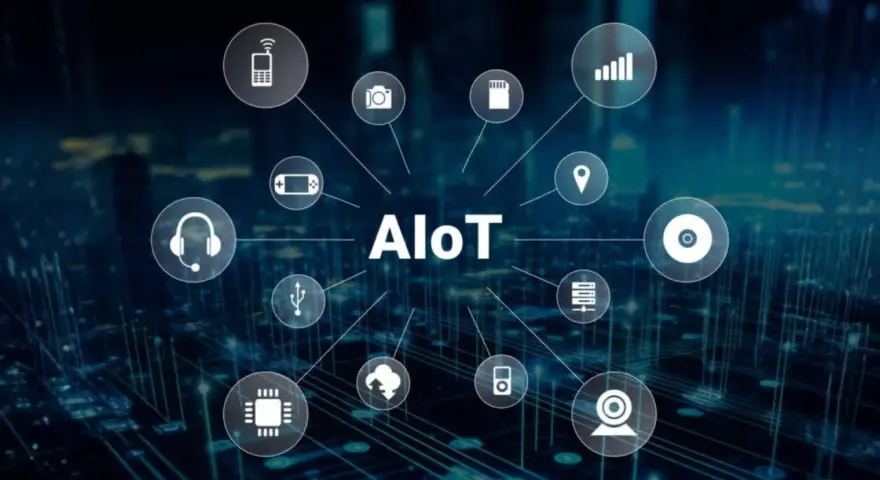 AIoT concept with icons representing devices and services, illustrating seamless iot integration.