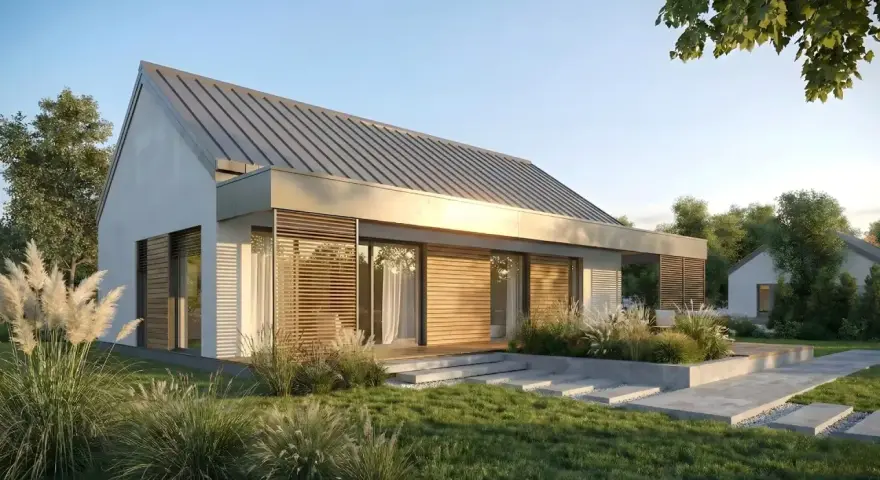 Nowoczesny dom z drewnianymi elementami, idealny do projektowania domów energooszczędnych. Otoczony zielenią, z dużymi oknami i tarasem.